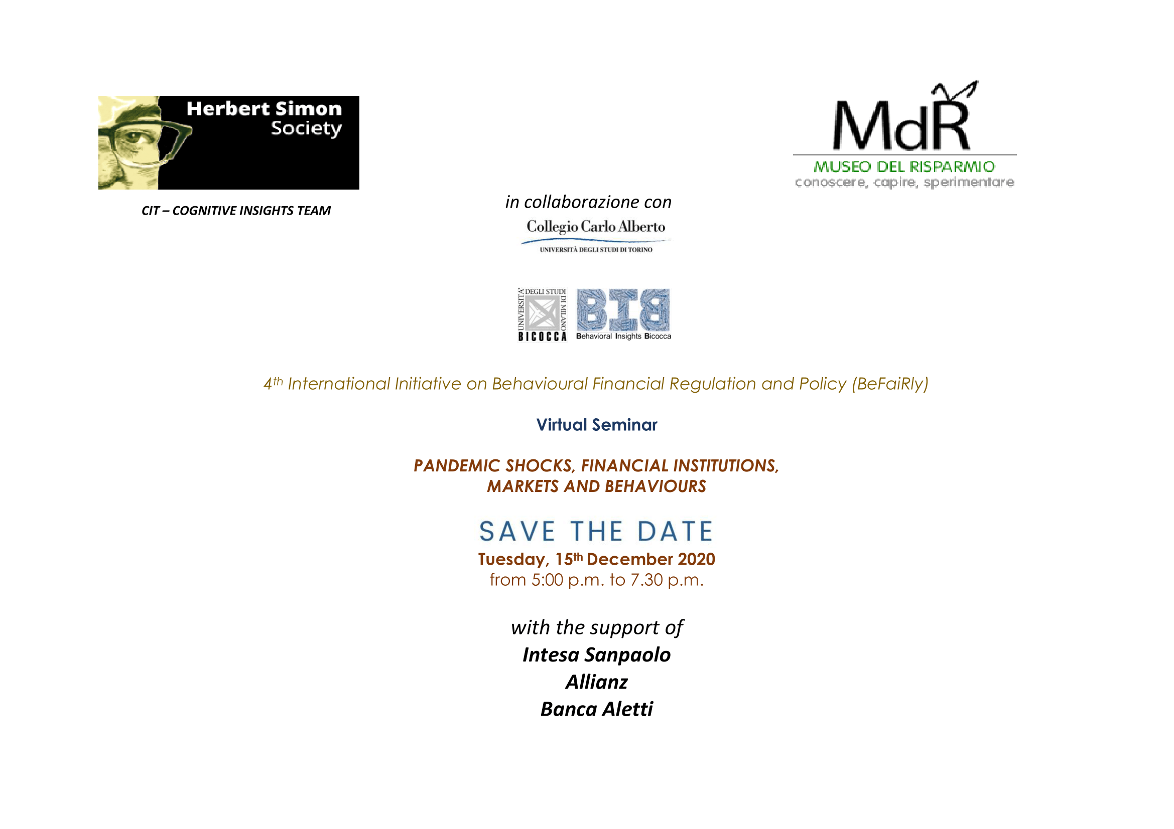 save the date Shock pandemici, istituzioni finanziarie, mercati e comportamenti